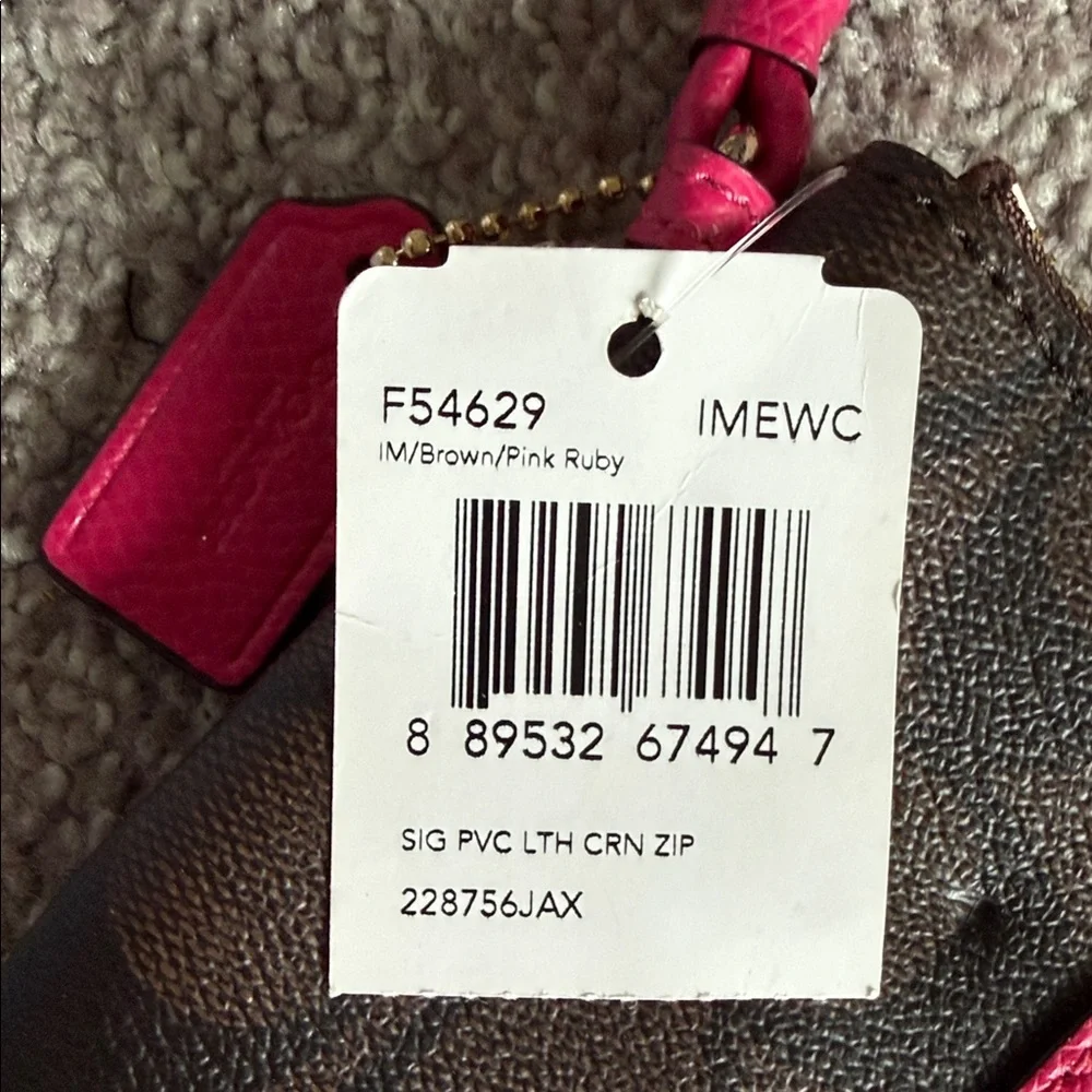 Coach Brown Signature Canvas Wristlet with Hot Pink Center Stripe
